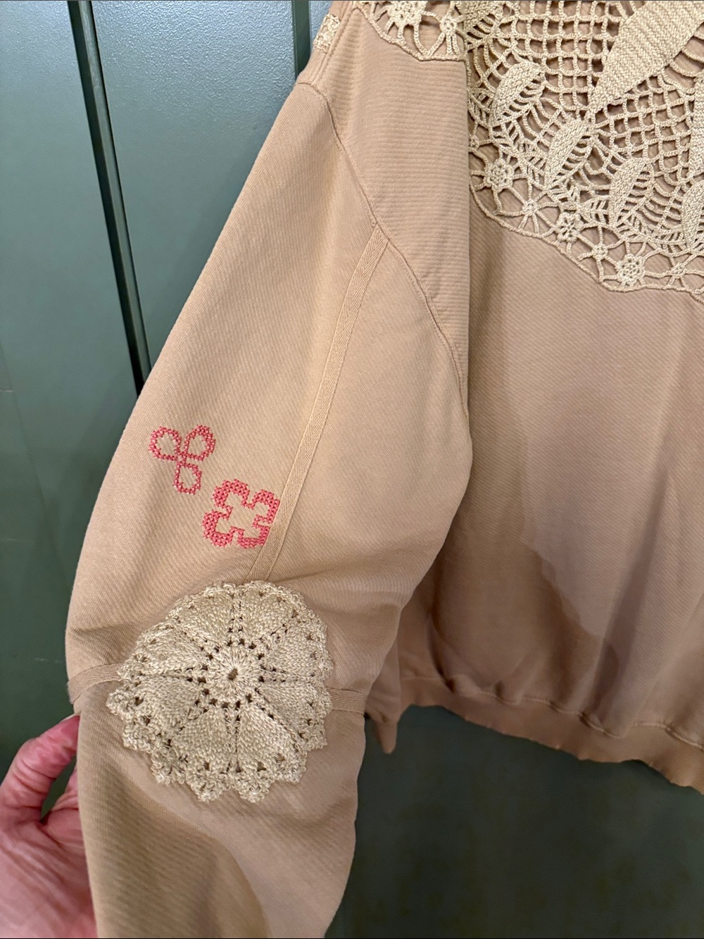 NWOT Free People Beige Embroidered Crochet Pocket Sweatshirt - Picture 9 of 11